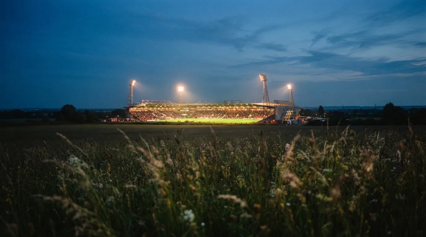 Ein hell beleuchtetes Stadion aus der Ferne in der Dämmerung, im Vordergrund ein Feld mit hohem Gras.