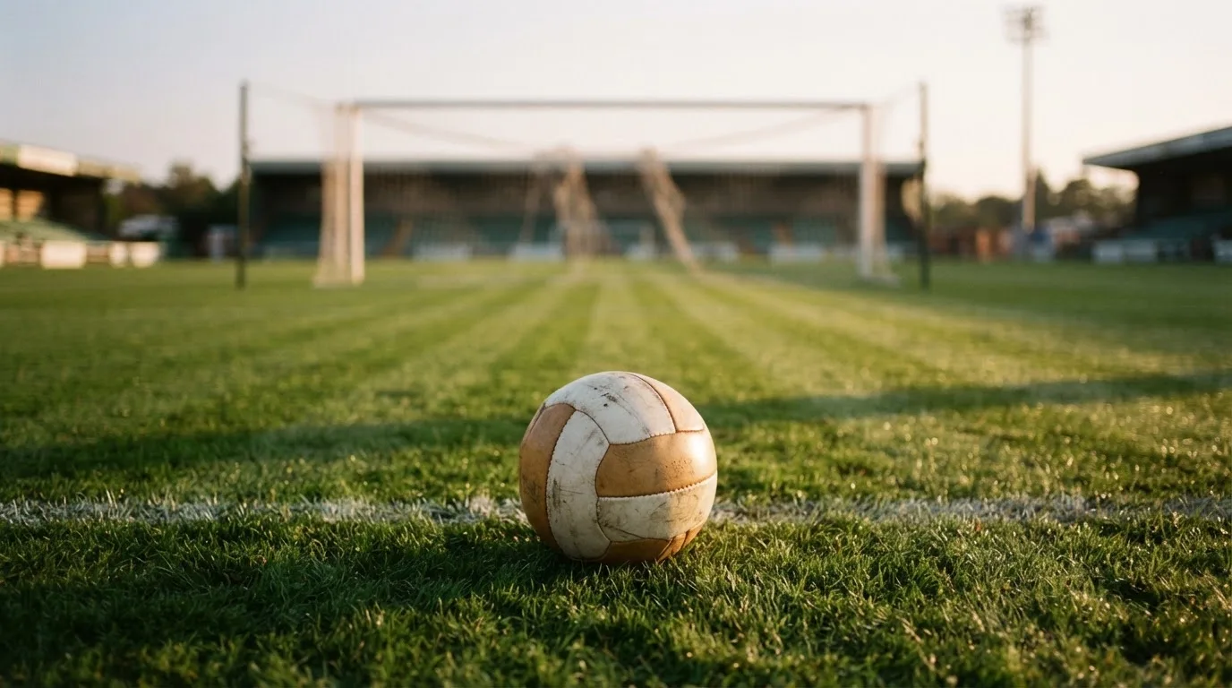 Ein Fußball liegt im Strafraum eines leeren Platzes, dahinter die Netze des Tores im Abendlicht.