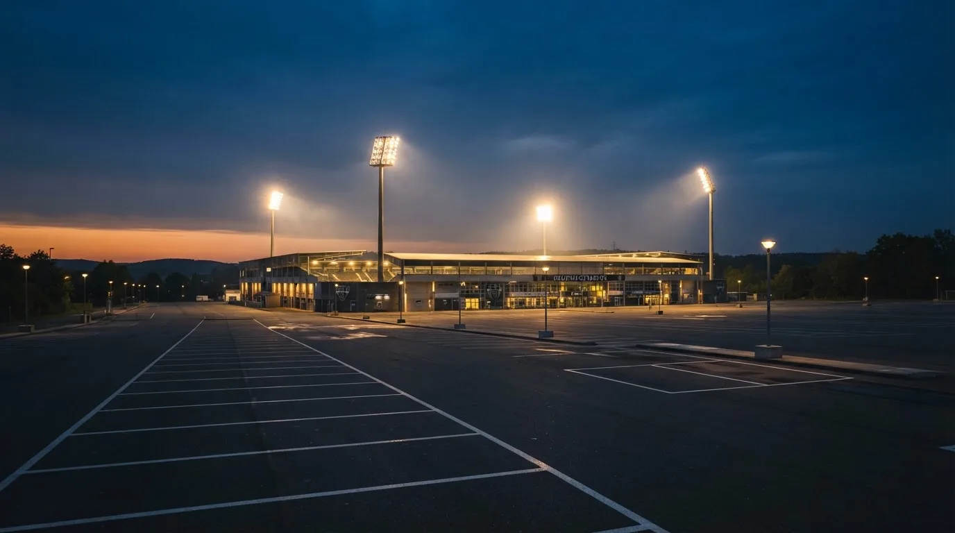 Ein Stadion unter Flutlicht aus großer Entfernung bei Einbruch der Dunkelheit, davor ein stiller Parkplatz.