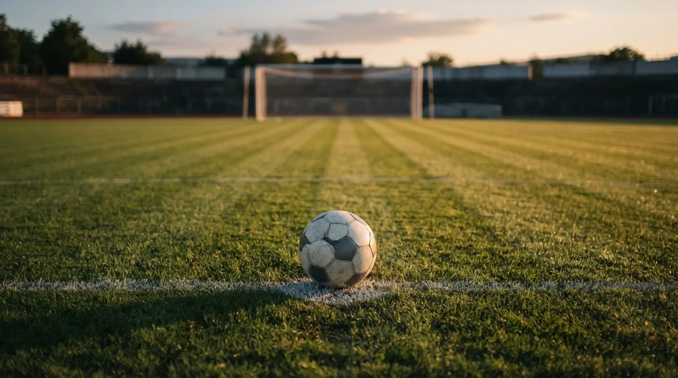Ein Fußball liegt auf dem Elfmeterpunkt eines leeren Platzes im Abendlicht.