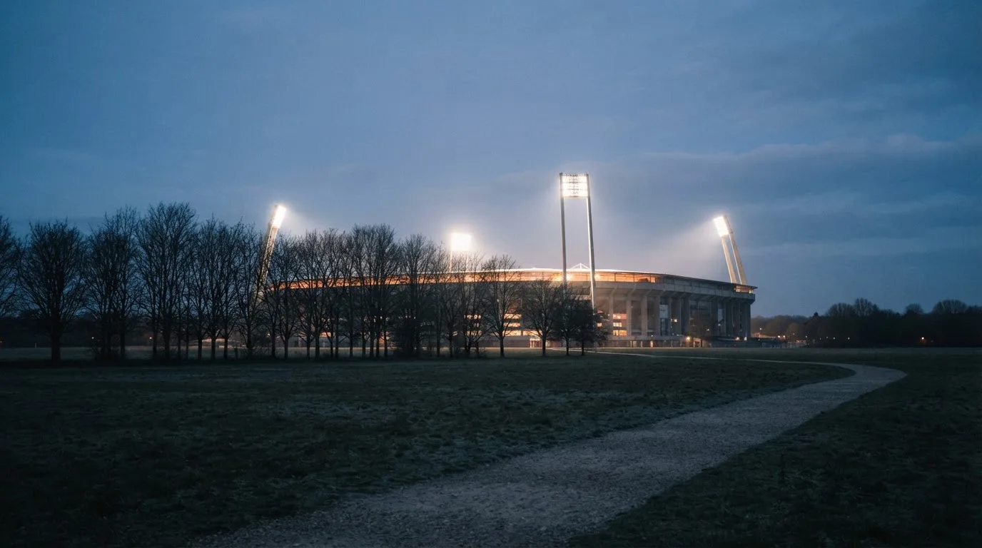 Ein Stadion unter Flutlicht, aus großer Entfernung gesehen, davor eine Reihe kahler Bäume im Dämmerlicht.