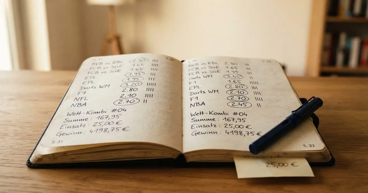 Ein Notizbuch mit handschriftlichen Zahlenreihen und Strichlisten liegt neben einem Taschenrechner auf einem Schreibtisch.