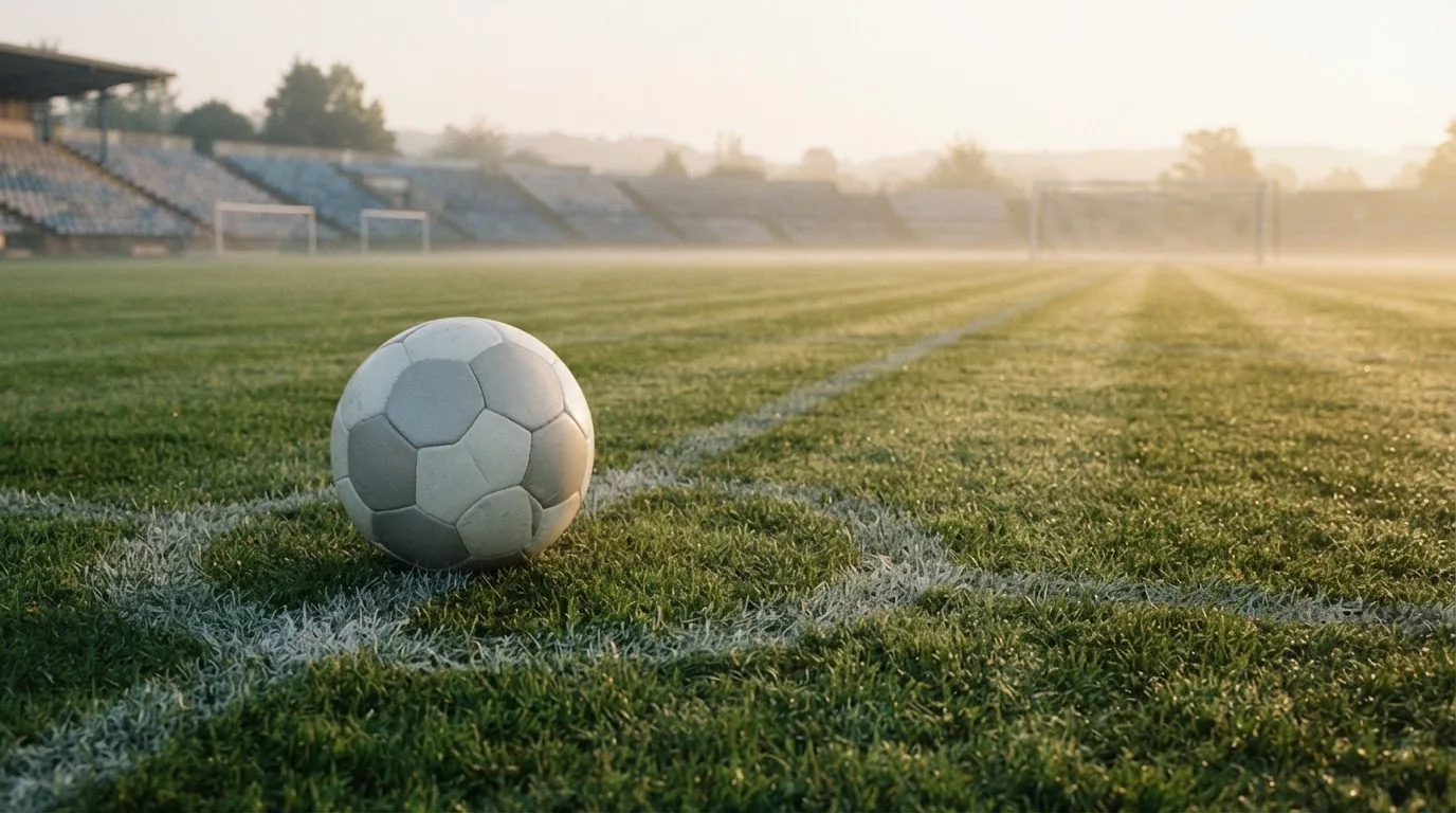 Ein Fußball auf dem Mittelkreis eines leeren Rasenplatzes im frühen Morgenlicht.