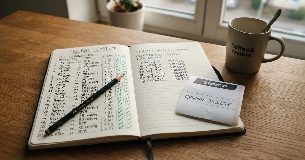 Ein Notizbuch mit handschriftlichen Zahlenreihen und Kästchen liegt neben einem Taschenrechner und einem Bleistift auf einem Schreibtisch.