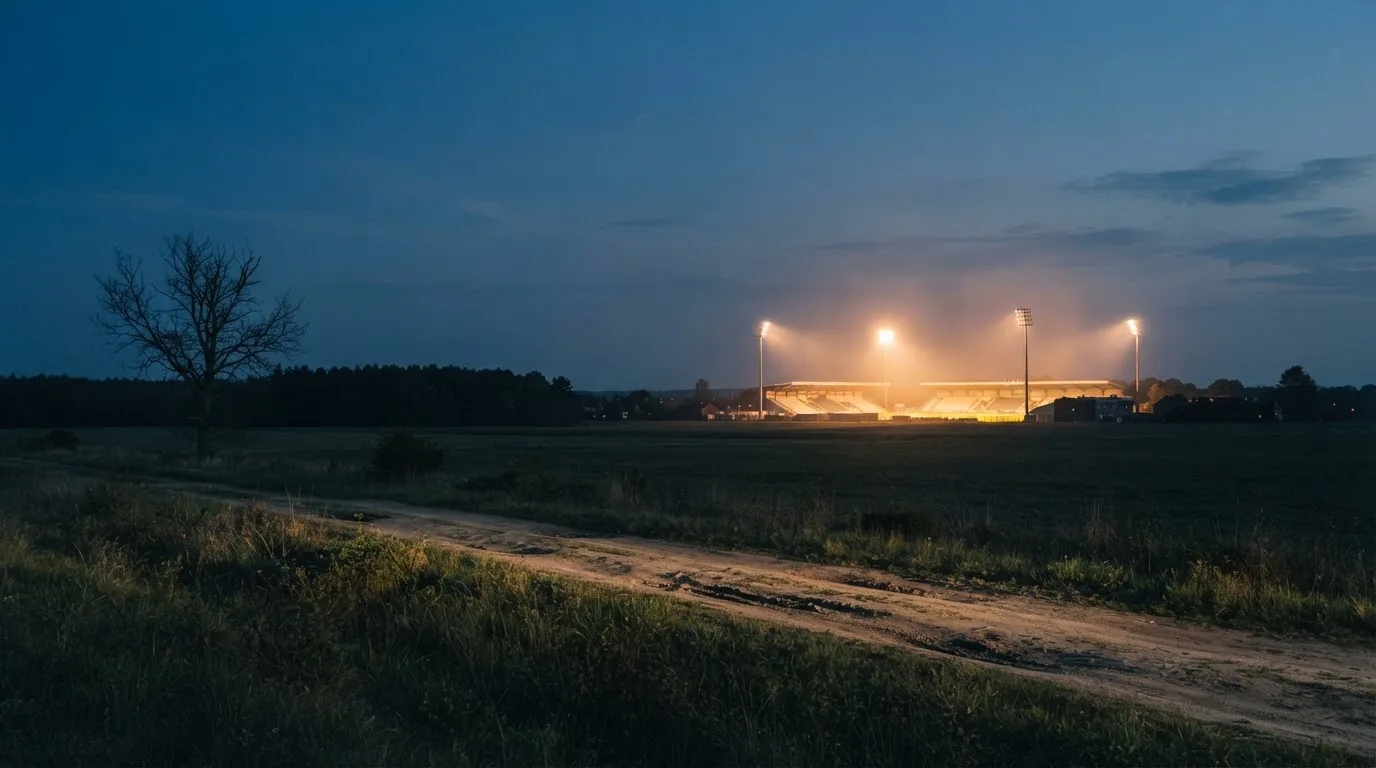 Ein beleuchtetes Stadion aus großer Distanz am Abend, im Vordergrund ein Feldweg.