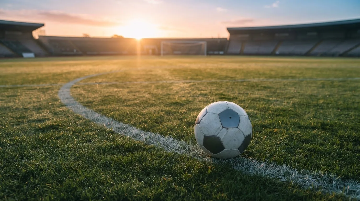 Ein Fußball liegt am Rand des Mittelkreises auf einem leeren Rasenplatz bei Sonnenaufgang.
