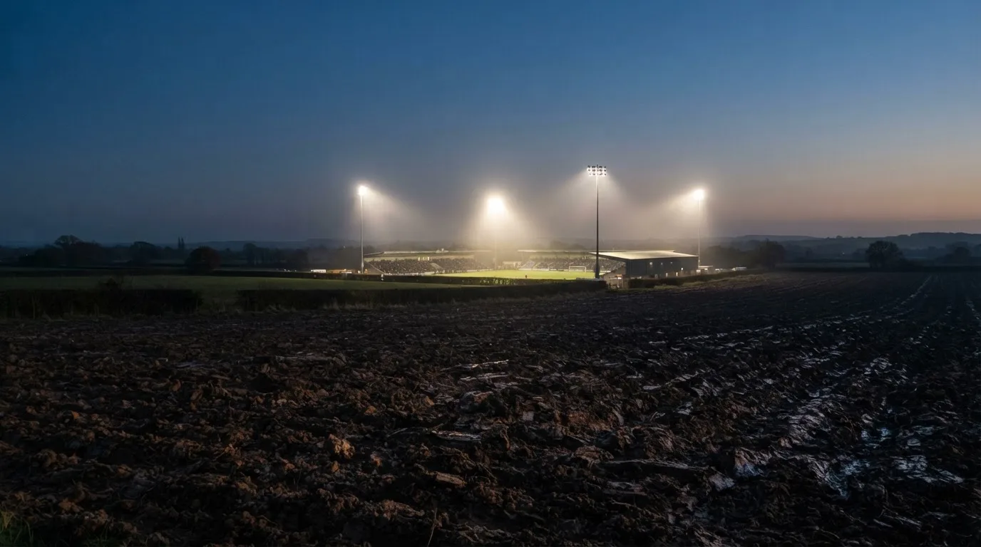 Ein Stadion unter Flutlicht aus großer Entfernung, davor ein dunkler Acker im Abendlicht.