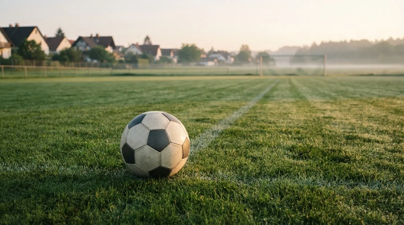 Ein Fußball auf dem Rasen eines leeren Sportplatzes am Rand einer Kleinstadt im Morgenlicht.