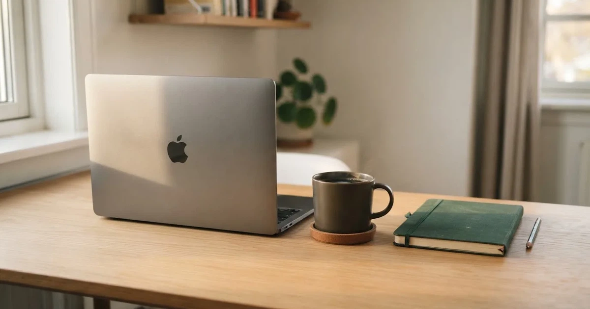Ein Laptop mit geschlossenem Deckel steht neben einer Kaffeetasse und einem Notizbuch auf einem hellen Schreibtisch.
