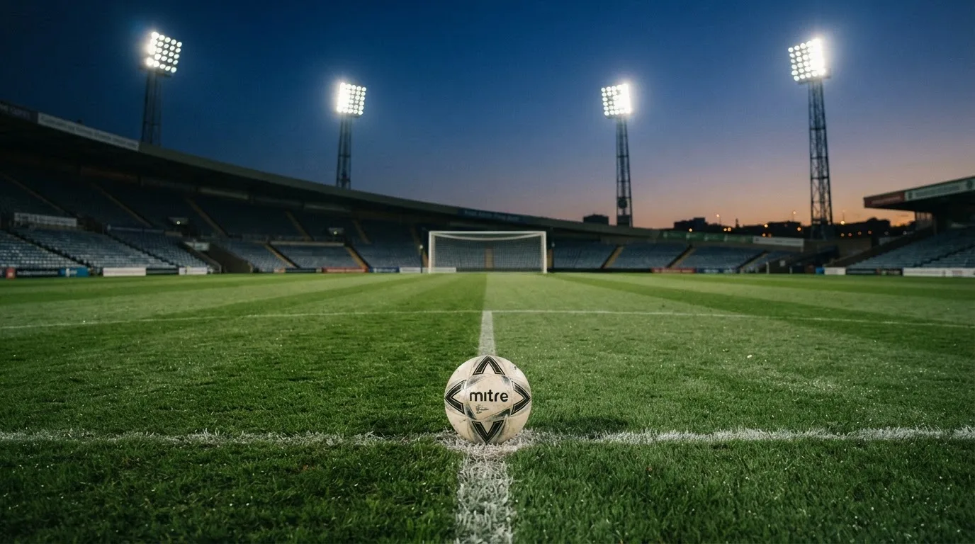 Ein Fußball liegt auf dem Anstoßpunkt eines leeren Rasenplatzes, im Hintergrund ein Stadion unter Flutlicht in der Abenddämmerung.