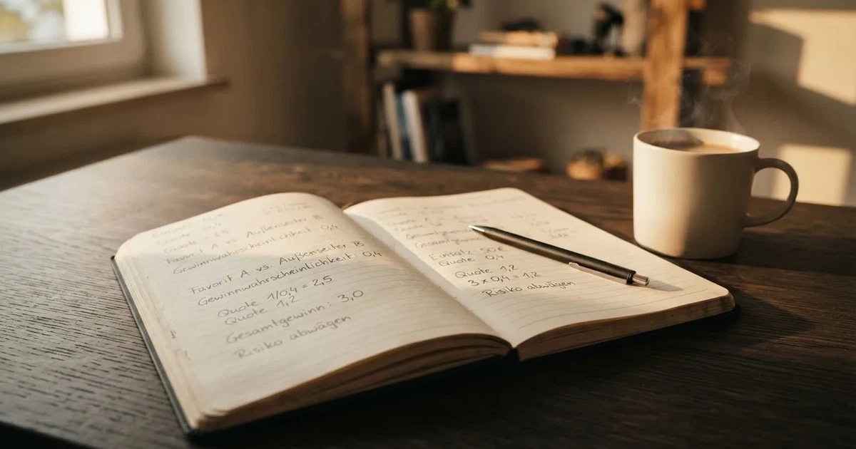 Ein Notizbuch mit handschriftlichen Rechnungen und ein Taschenrechner liegen auf einem Schreibtisch neben einer Tasse Kaffee im Licht des frühen Morgens.
