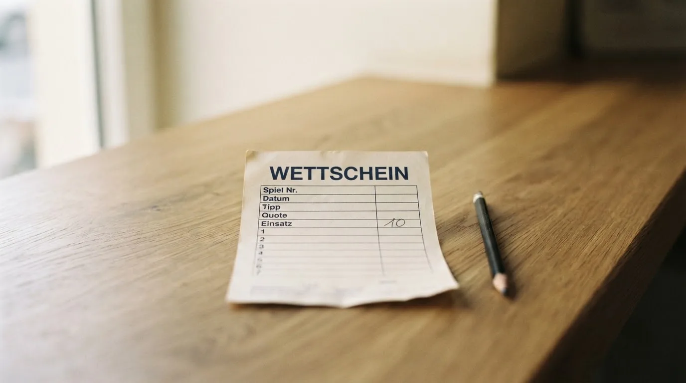 Ein leerer Wettschein aus Papier liegt neben einem Stift auf einer hölzernen Theke, weiches Licht fällt von der Seite ein.