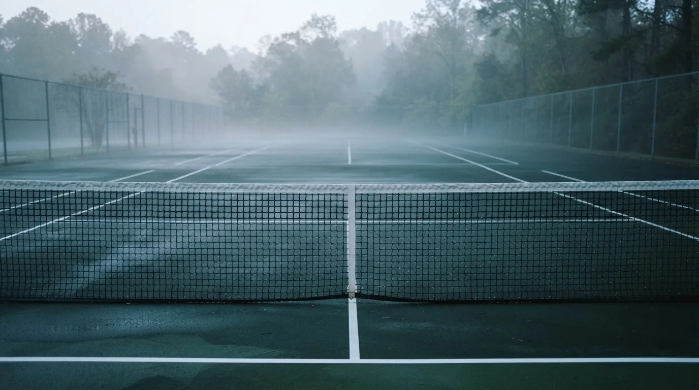 Ein Tennisplatz im Morgengrauen, das Netz und die Linien liegen im Tau, im Hintergrund leichter Nebel und kein Mensch zu sehen.