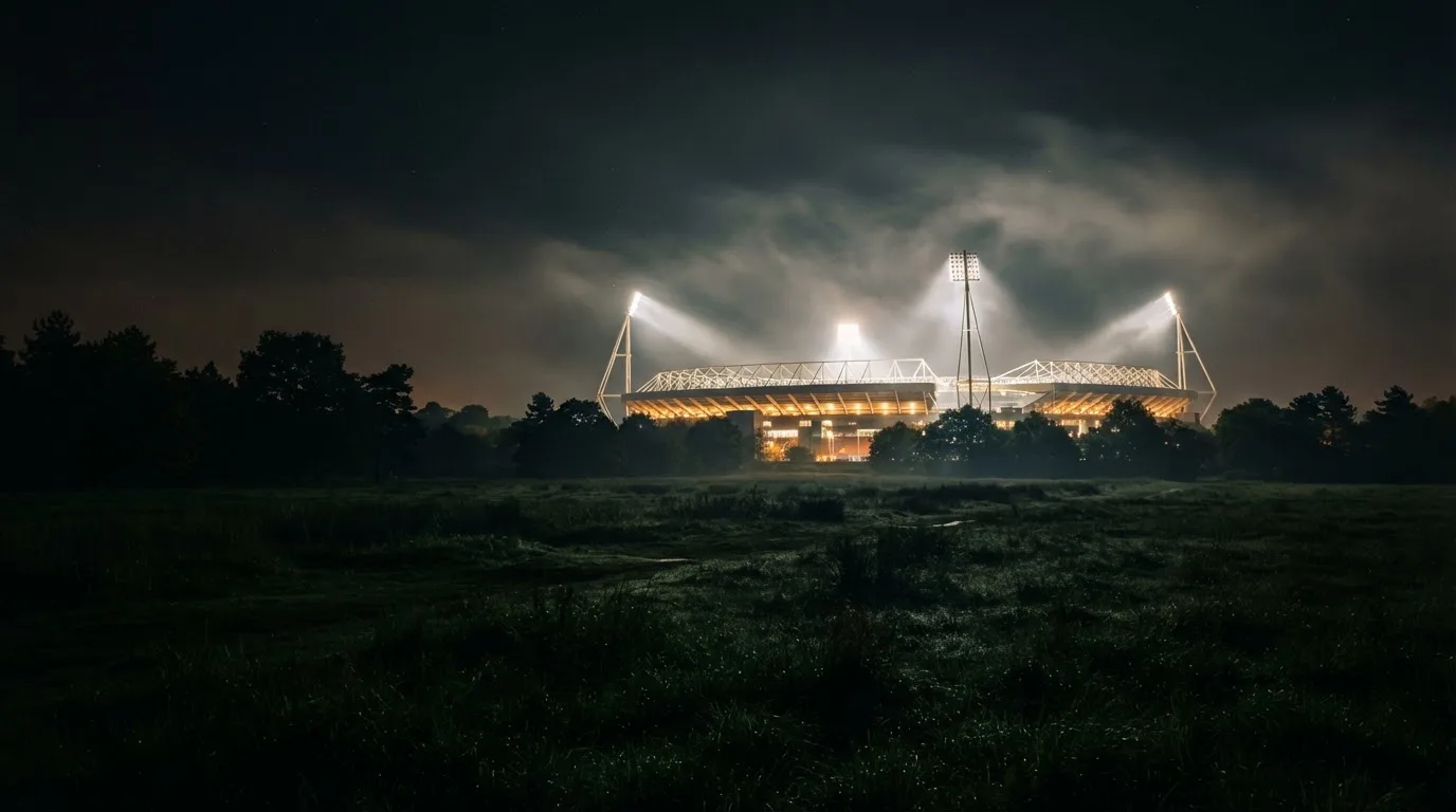 Ein Stadion unter Flutlicht, aus großer Entfernung über eine dunkle Wiese fotografiert, am Himmel zieht Nebel auf.