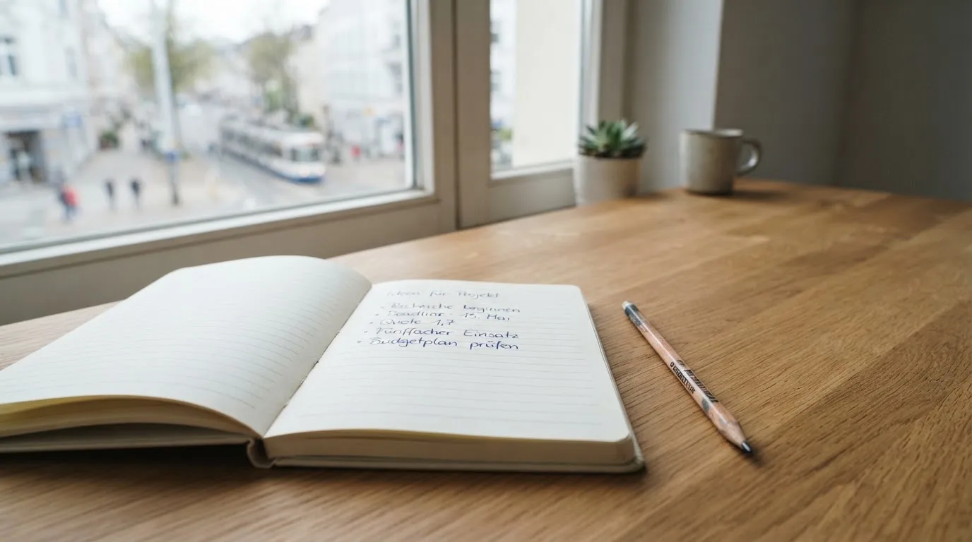 Ein Notizbuch mit handschriftlichen Notizen und ein Bleistift liegen auf einem Schreibtisch am Fenster, draußen fällt Morgenlicht herein.