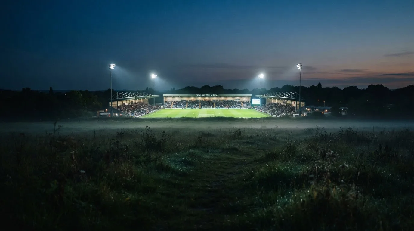 Ein Stadion unter Flutlicht, aus großer Entfernung über eine dunkle Wiese fotografiert, am Himmel zieht Nebel auf.