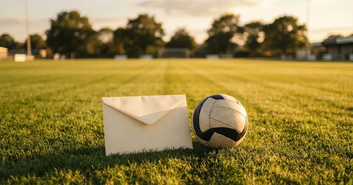 Ein verschlossener leerer Briefumschlag liegt neben einem Fußball auf grünem Rasen im warmen Licht des Nachmittags.