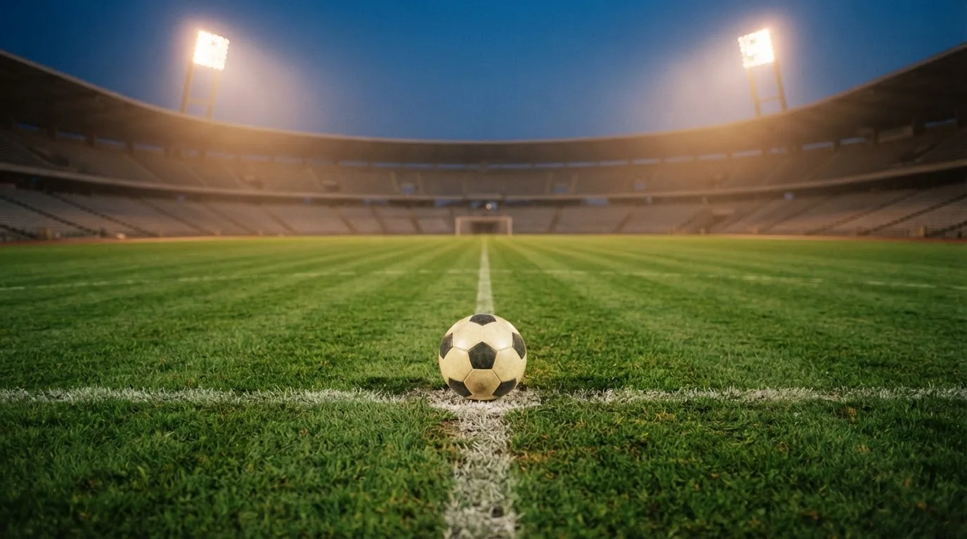 Ein Fußball liegt auf dem Anstoßpunkt eines leeren Rasenplatzes, im Hintergrund steht ein Stadion unter Flutlicht in der Dämmerung.