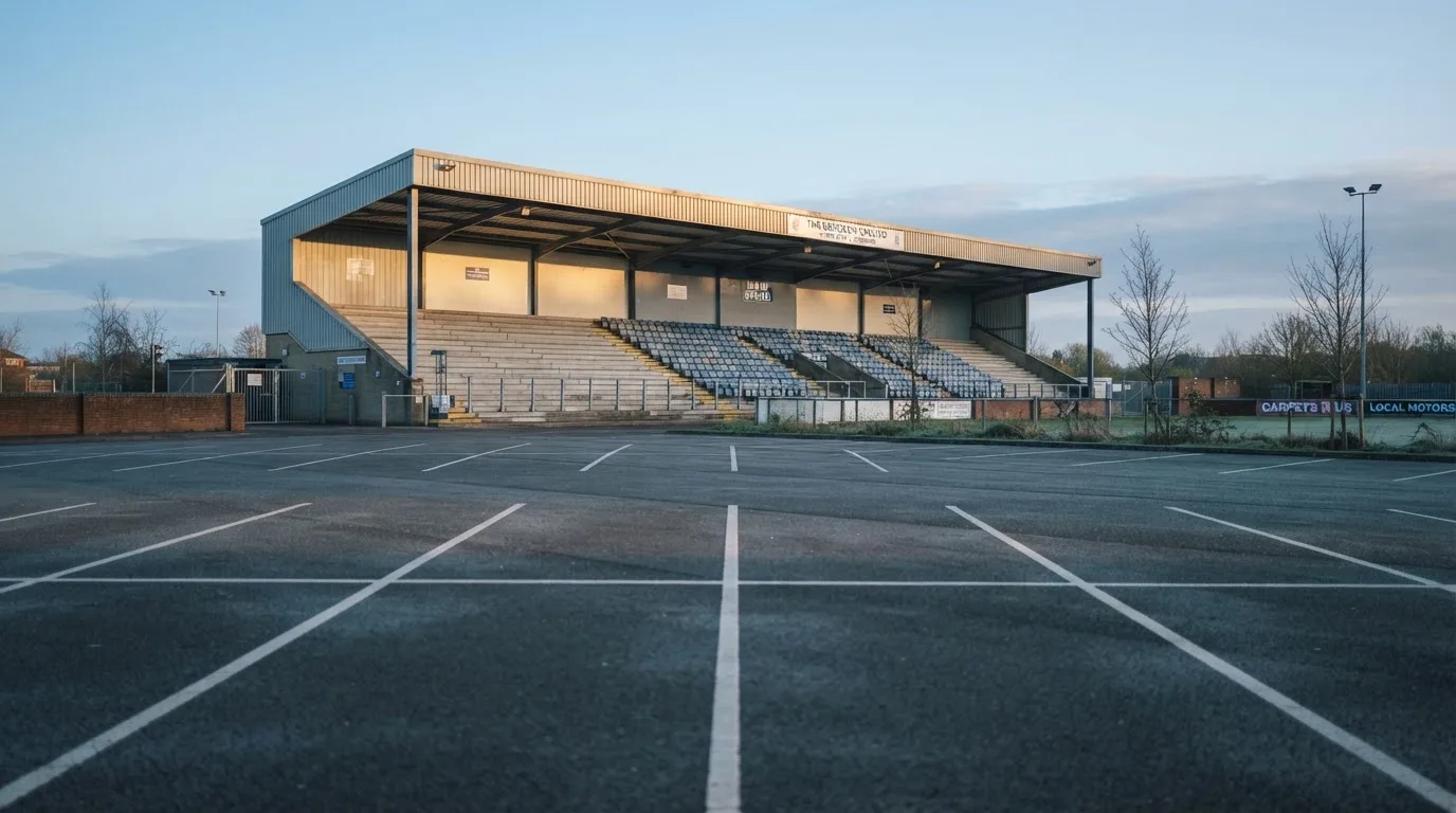 Eine leere Tribüne eines kleinen Stadions am frühen Morgen, aus der Ferne über einen menschenleeren Parkplatz fotografiert.