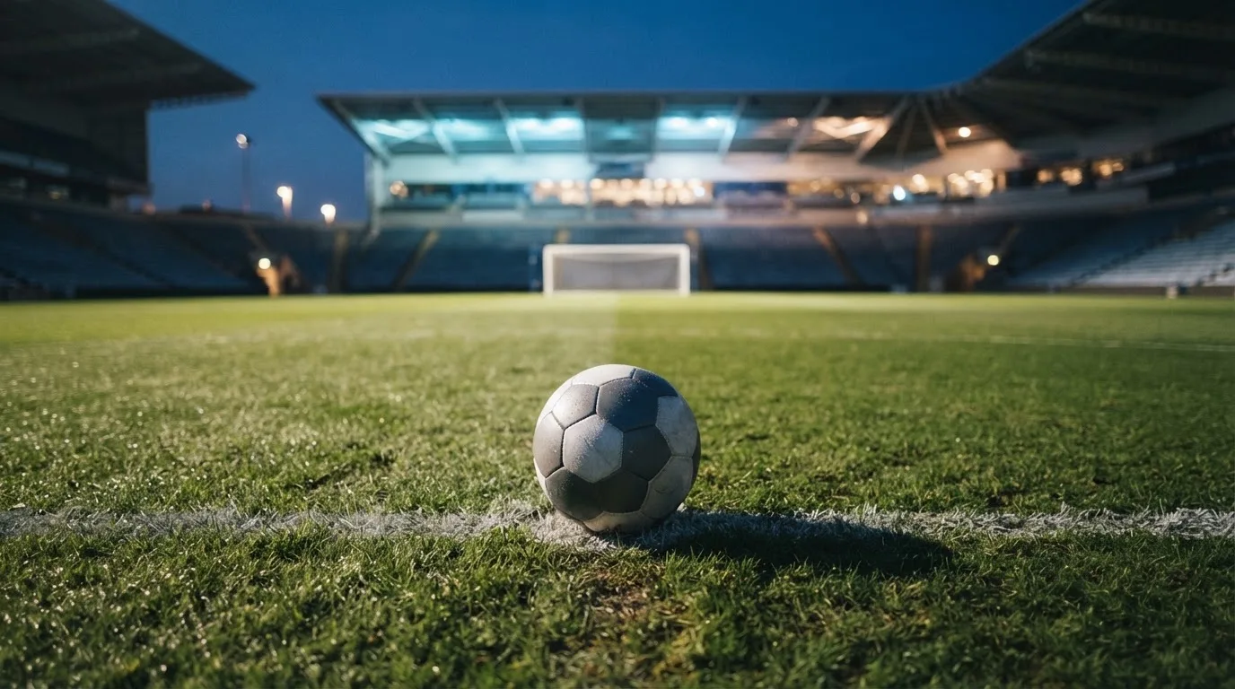 Ein Fußball liegt auf dem Rasen eines leeren Platzes, im Hintergrund ein Stadion unter Flutlicht in der Abenddämmerung.