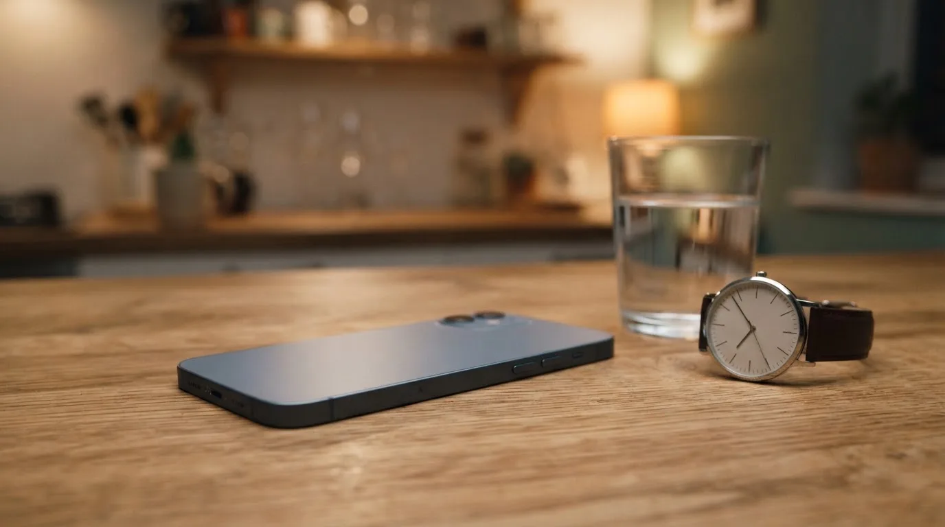 Ein Smartphone liegt mit dem Display nach unten auf einem Küchentisch, daneben stehen ein Glas Wasser und eine Armbanduhr.