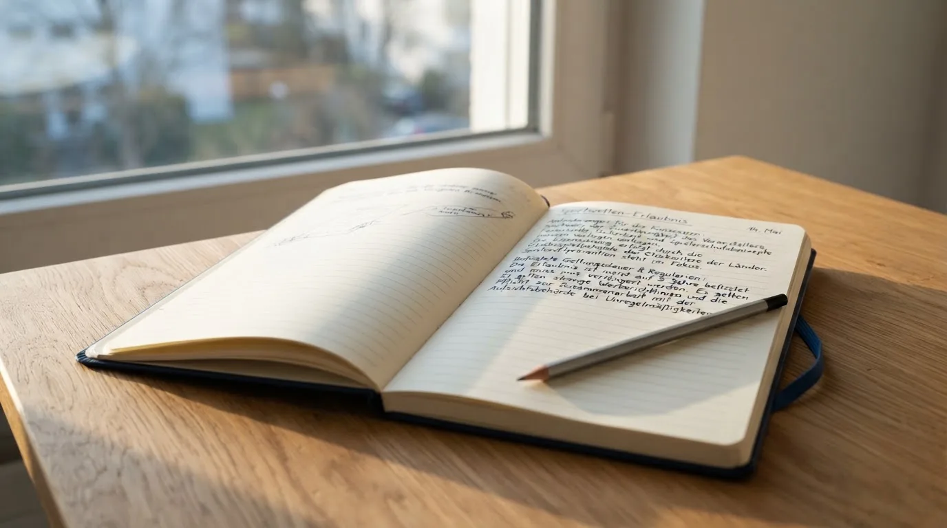 Ein Notizbuch mit handschriftlichen Notizen und ein Bleistift liegen auf einem Schreibtisch am Fenster, draußen fällt Morgenlicht herein.