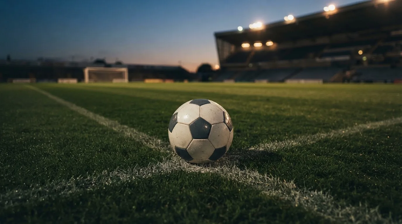 Ein Fußball liegt auf dem Anstoßpunkt eines leeren Rasenplatzes, im Hintergrund steht ein Stadion unter Flutlicht in der Dämmerung.