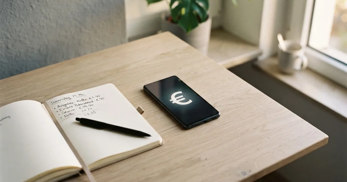 Ein Smartphone liegt neben einem Notizbuch und einem Kugelschreiber auf einem hellen Schreibtisch, das Display ist ausgeschaltet.