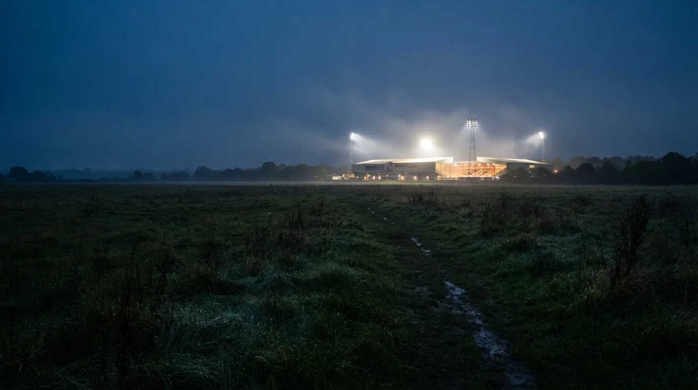 Ein Stadion unter Flutlicht, aus großer Entfernung über eine dunkle Wiese fotografiert, am Himmel zieht Nebel auf.
