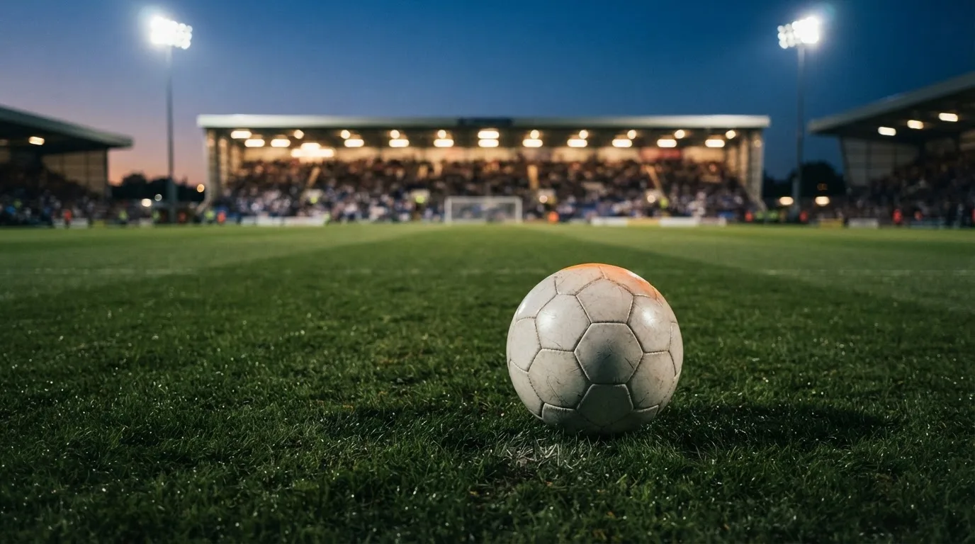 Ein Fußball liegt auf dem Rasen eines leeren Platzes, im Hintergrund ein Stadion unter Flutlicht in der Abenddämmerung.