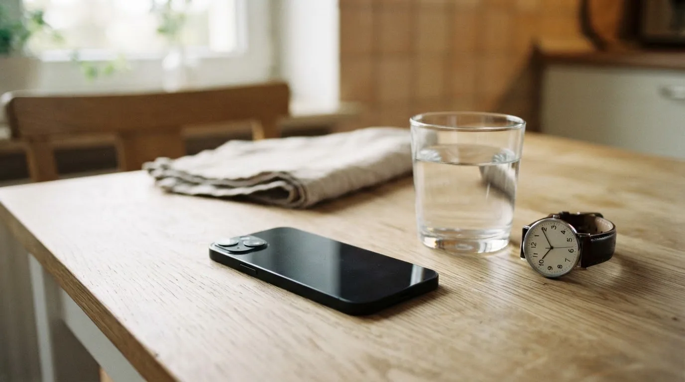 Ein Smartphone liegt mit dem Display nach unten auf einem Küchentisch, daneben stehen ein Glas Wasser und eine Armbanduhr.