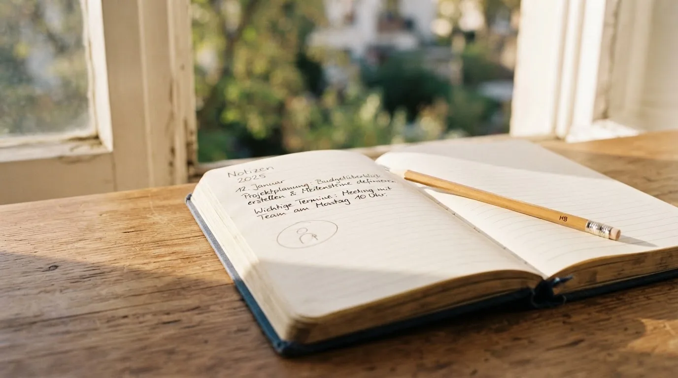Ein Notizbuch mit handschriftlichen Notizen und ein Bleistift liegen auf einem Schreibtisch am Fenster, draußen fällt Morgenlicht herein.