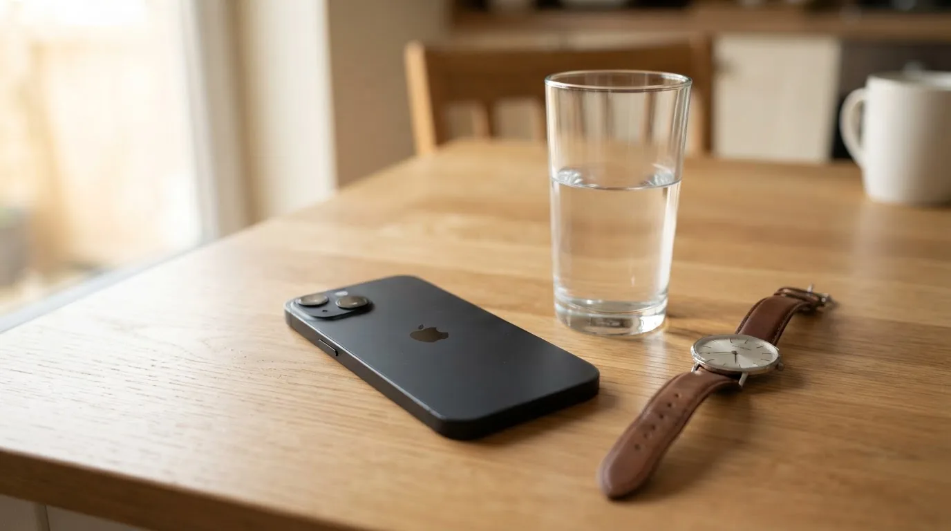 Ein Smartphone liegt mit dem Display nach unten auf einem Küchentisch, daneben stehen ein Glas Wasser und eine Armbanduhr.