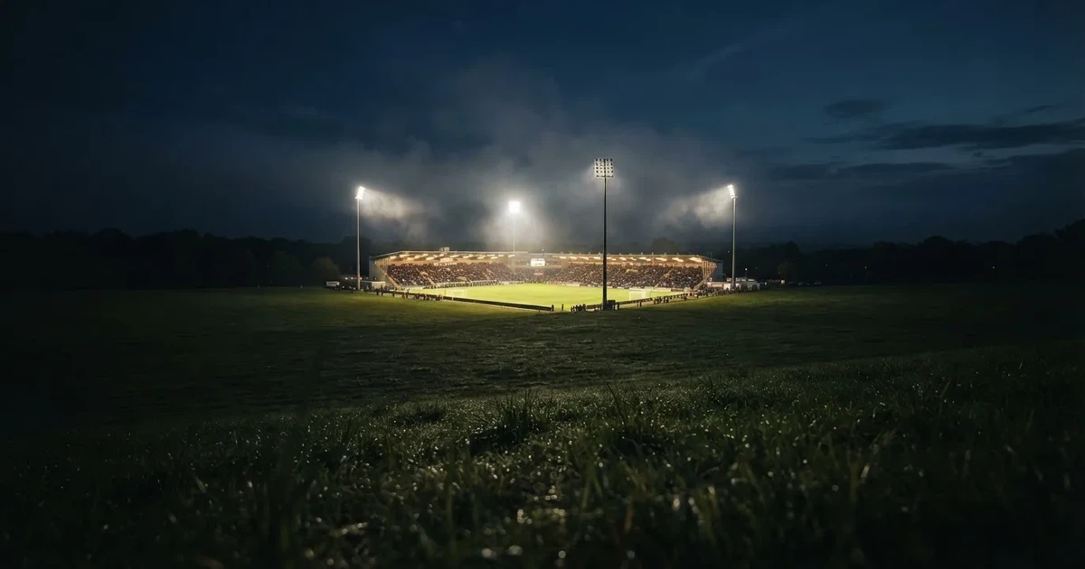 Ein Stadion unter Flutlicht, aus großer Entfernung über eine dunkle Wiese fotografiert, am Himmel zieht Nebel auf.