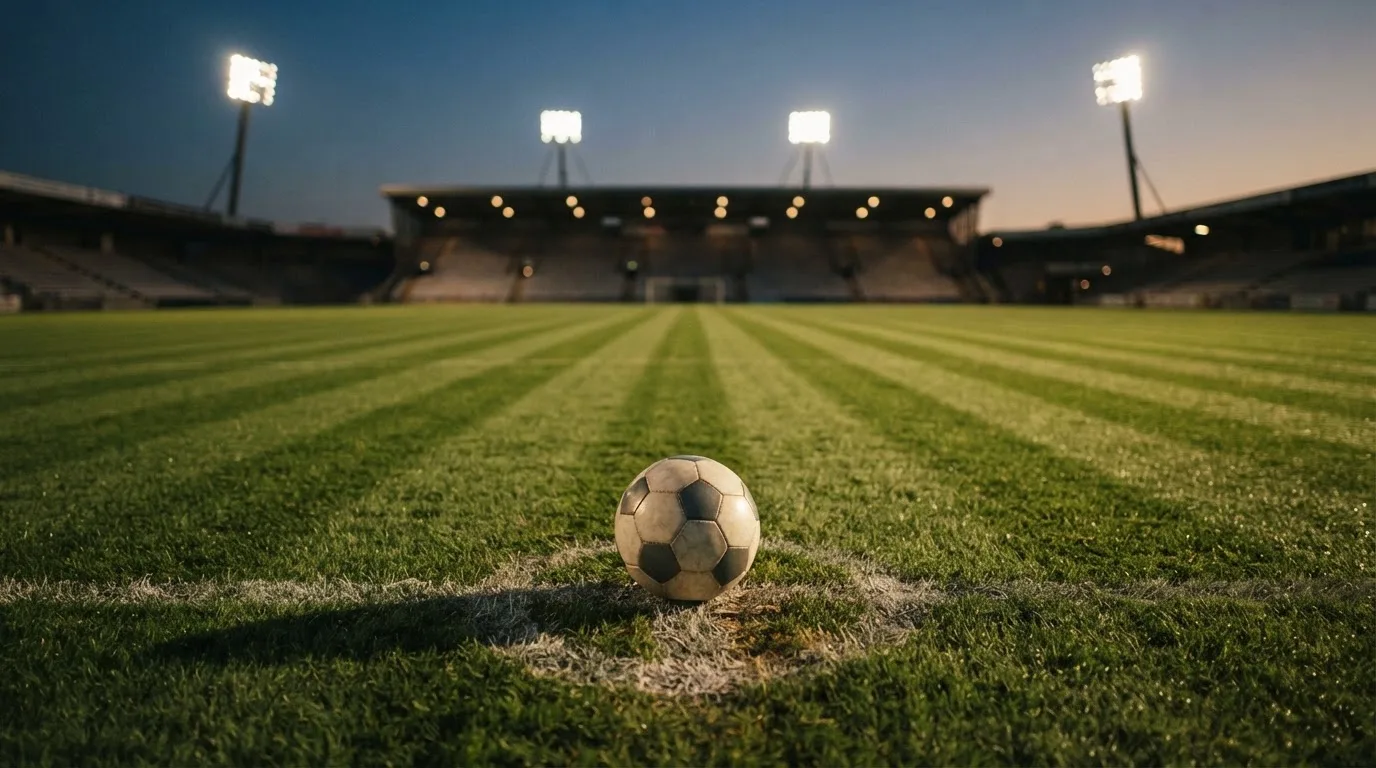 Ein Fußball liegt auf dem Anstoßpunkt eines leeren Rasenplatzes, im Hintergrund steht ein Stadion unter Flutlicht in der Dämmerung.