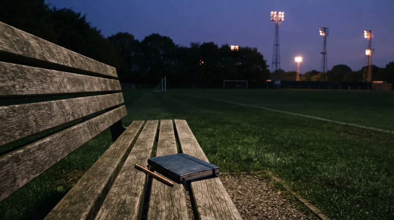 Eine leere Parkbank am Rand eines Fußballfelds in der Abenddämmerung, im Hintergrund ragen dunkle Flutlichtmasten in den Himmel.