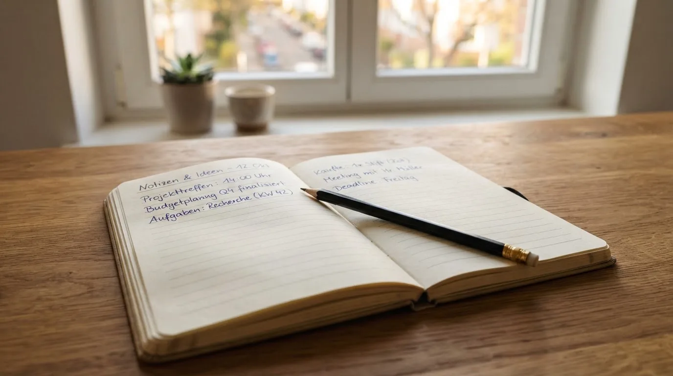 Ein Notizbuch mit handschriftlichen Notizen und ein Bleistift liegen auf einem Schreibtisch am Fenster, draußen fällt Morgenlicht herein.