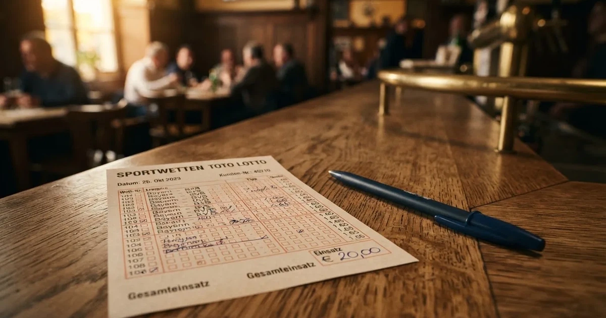 Ein leerer Wettschein aus Papier liegt neben einem Stift auf einer hölzernen Theke, weiches Licht fällt von der Seite ein.