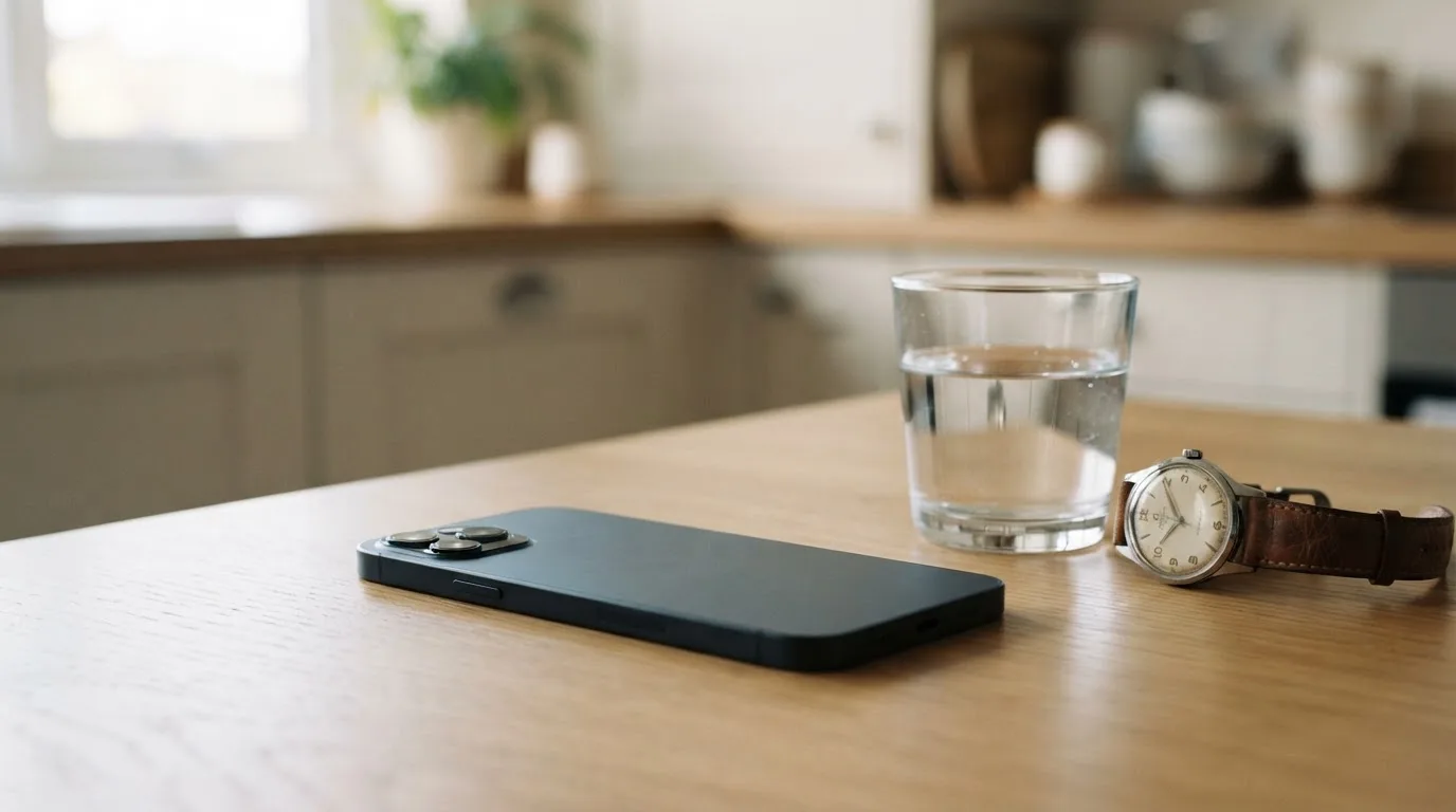 Ein Smartphone liegt mit dem Display nach unten auf einem Küchentisch, daneben stehen ein Glas Wasser und eine Armbanduhr.
