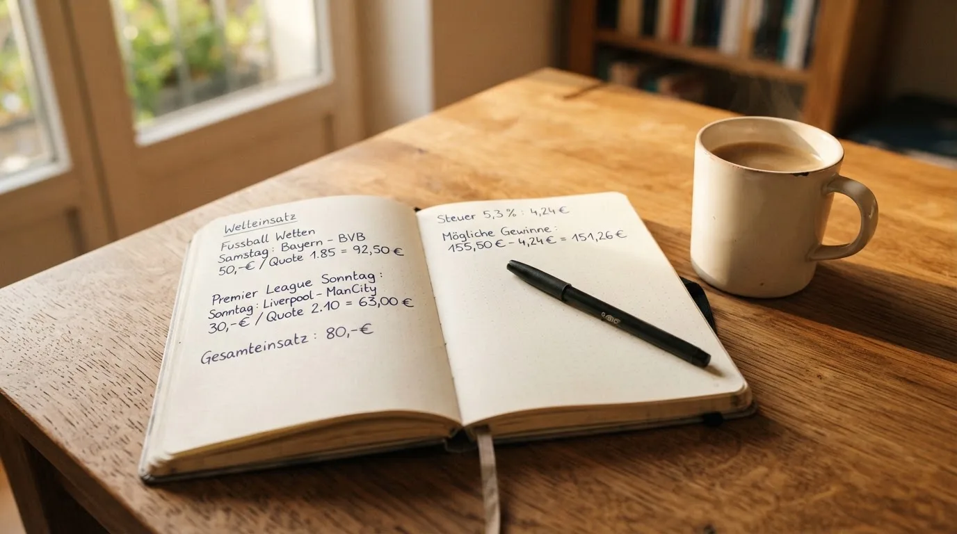Ein Notizbuch mit handschriftlichen Rechnungen und ein Taschenrechner liegen auf einem Schreibtisch neben einer Tasse Kaffee im Licht des frühen Morgens.