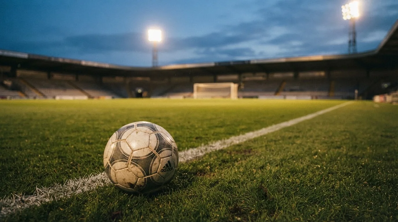 Ein Fußball liegt auf dem Rasen eines leeren Platzes, im Hintergrund ein Stadion unter Flutlicht in der Abenddämmerung.
