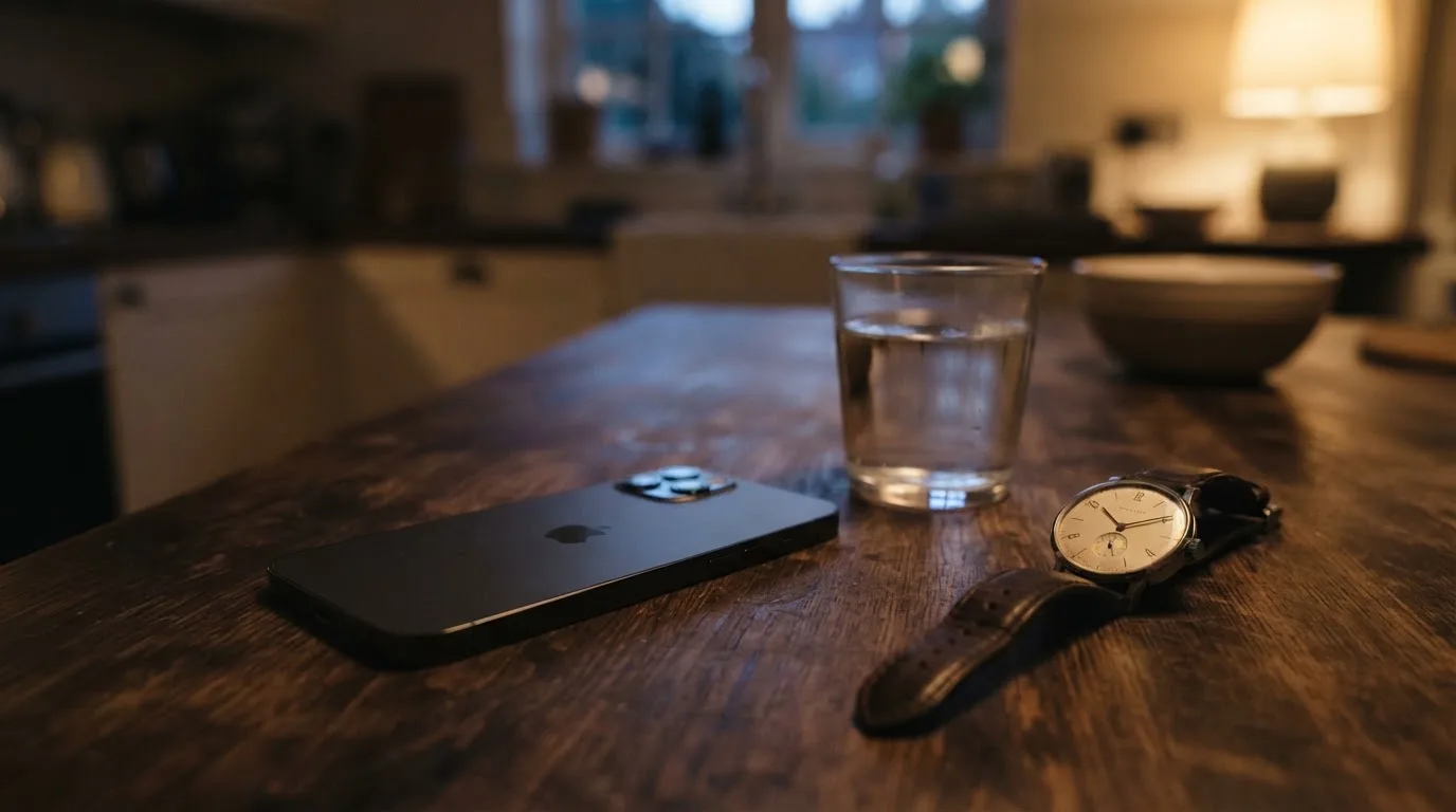 Ein Smartphone liegt mit dem Display nach unten auf einem Küchentisch, daneben stehen ein Glas Wasser und eine Armbanduhr.