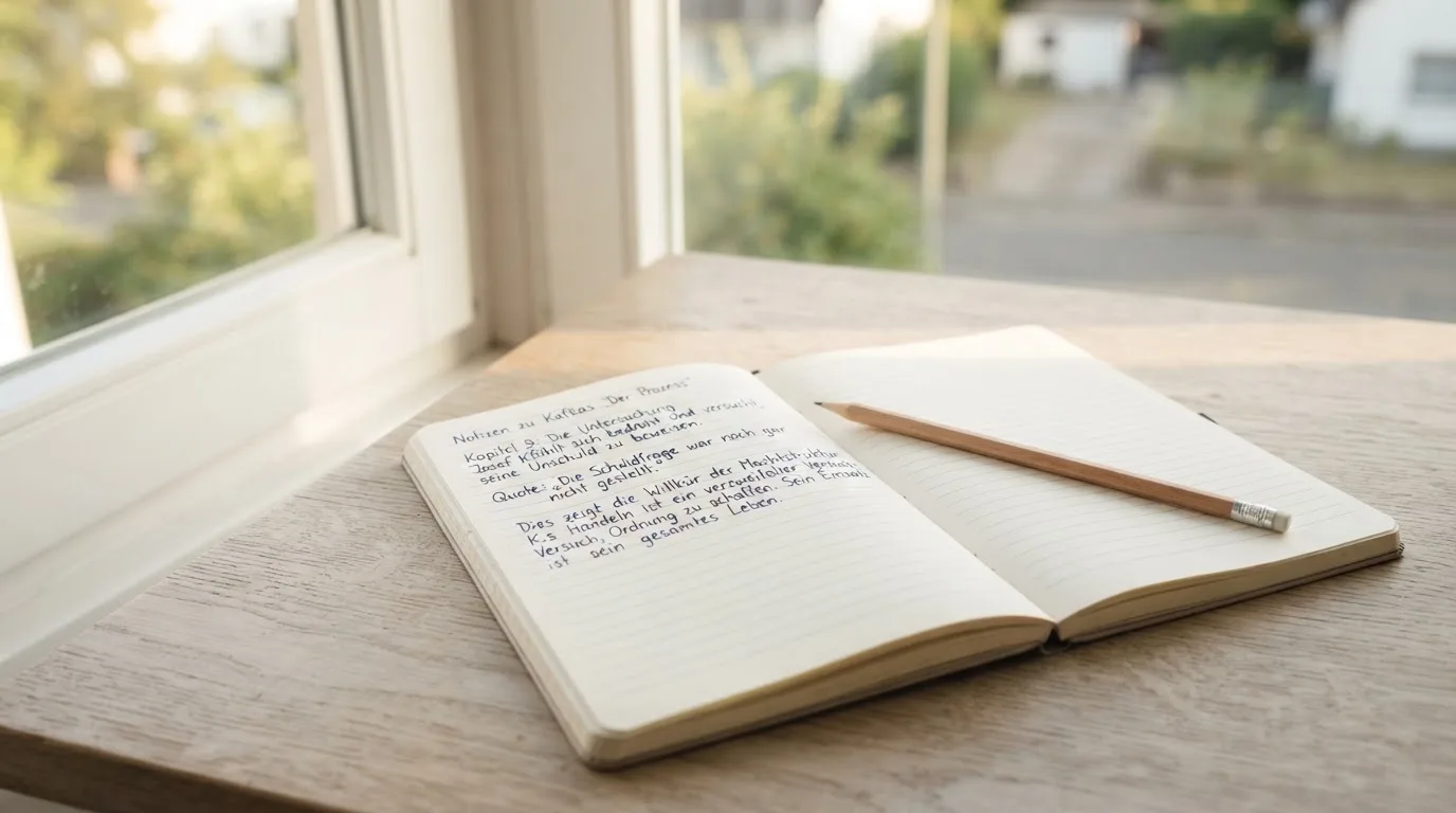 Ein Notizbuch mit handschriftlichen Notizen und ein Bleistift liegen auf einem Schreibtisch am Fenster, draußen fällt Morgenlicht herein.
