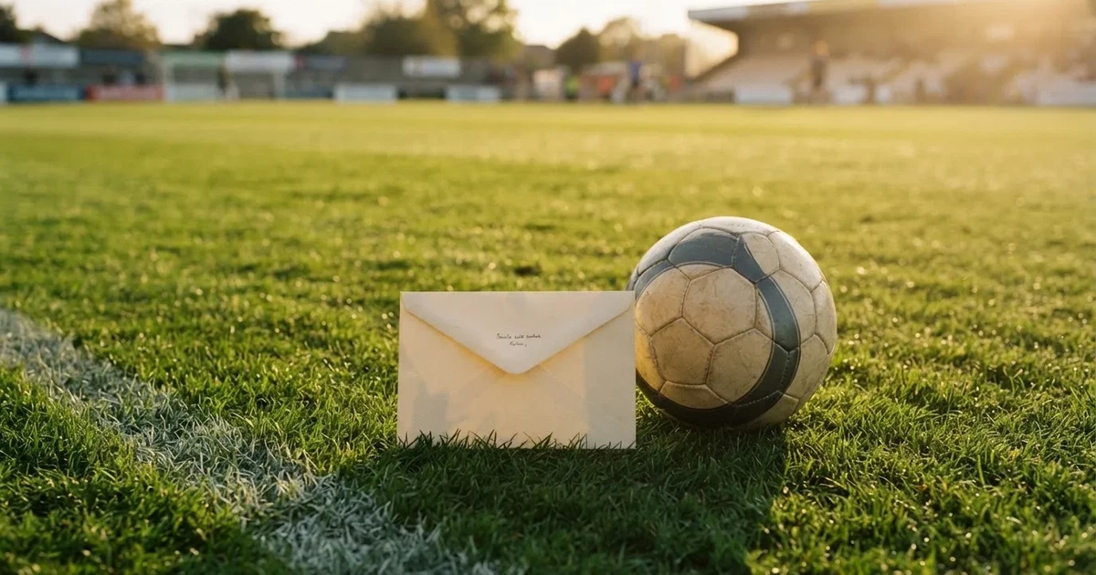 Ein verschlossener leerer Briefumschlag liegt neben einem Fußball auf grünem Rasen im warmen Licht des Nachmittags.