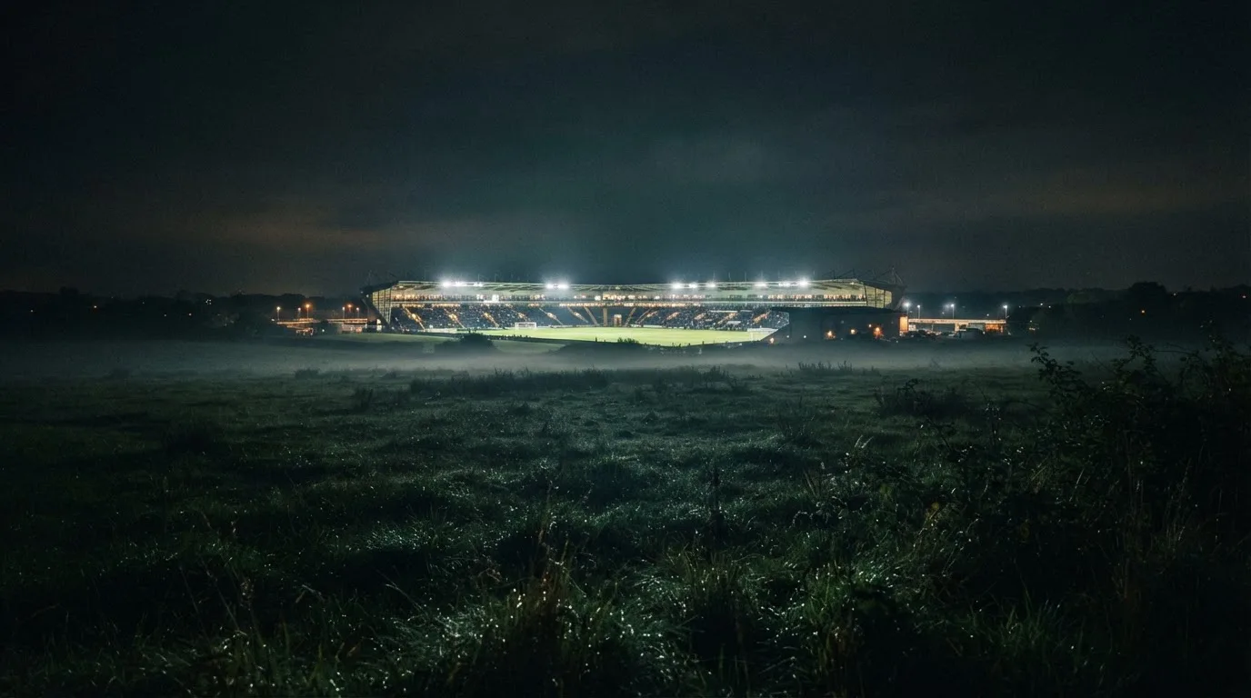 Ein Stadion unter Flutlicht, aus großer Entfernung über eine dunkle Wiese fotografiert, am Himmel zieht Nebel auf.