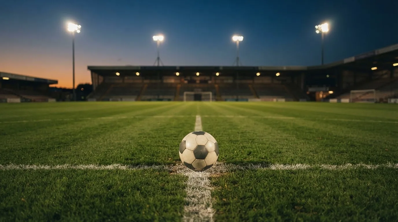 Ein Fußball liegt auf dem Anstoßpunkt eines leeren Rasenplatzes, im Hintergrund steht ein Stadion unter Flutlicht in der Dämmerung.
