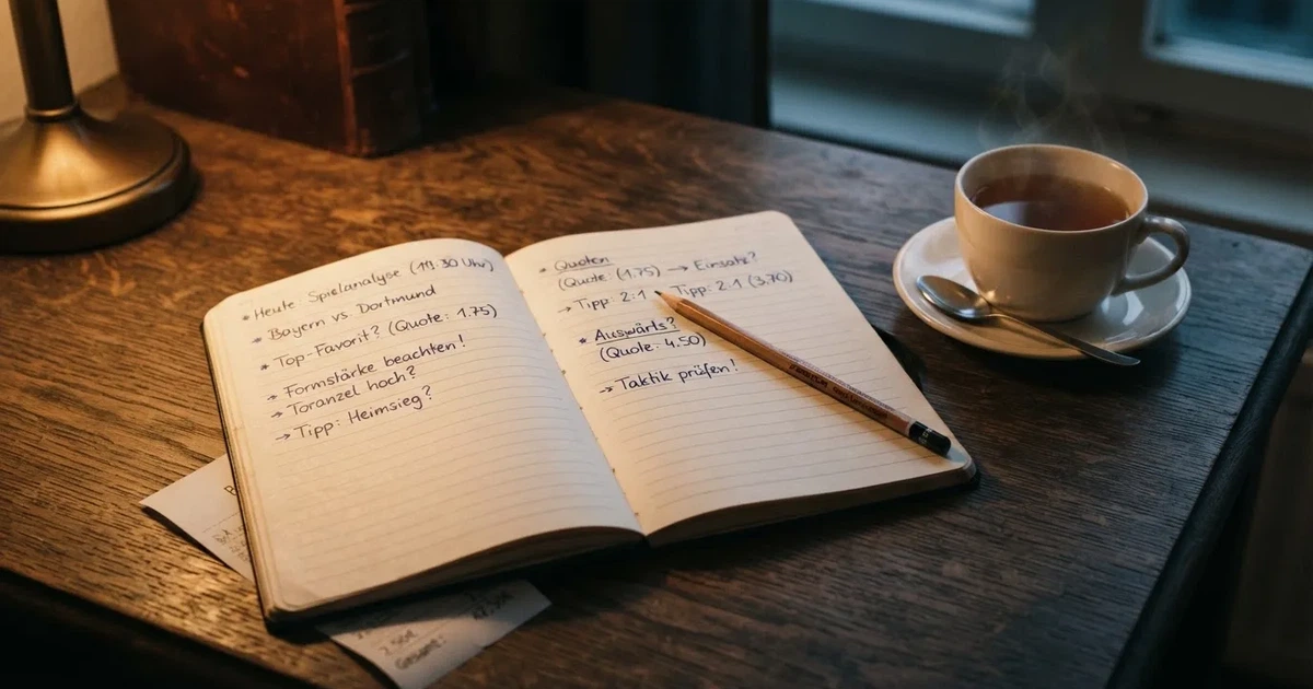 Ein Notizbuch mit handschriftlichen Notizen und Pfeilen liegt aufgeschlagen auf einem Schreibtisch, daneben ein Bleistift und eine Tasse Tee.