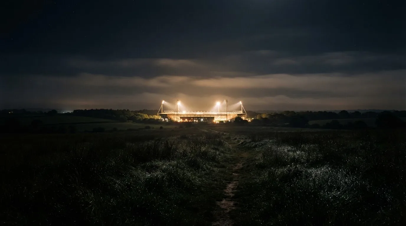 Ein Stadion unter Flutlicht, aus großer Entfernung über eine dunkle Wiese fotografiert, am Himmel zieht Nebel auf.
