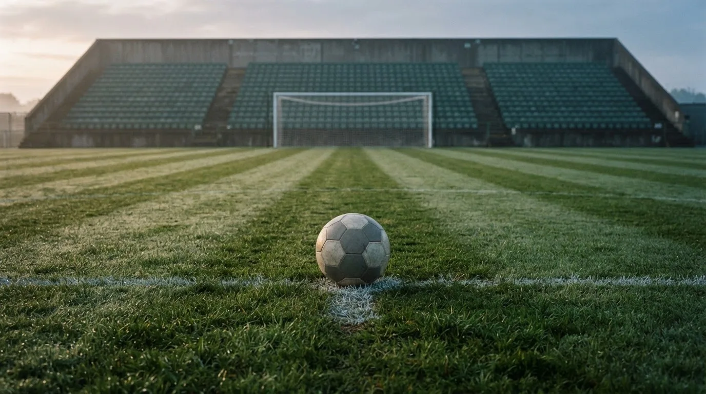 Ein Fußball liegt auf dem Anstoßpunkt eines leeren Rasenplatzes in der Morgendämmerung, im Hintergrund eine leere Tribüne.