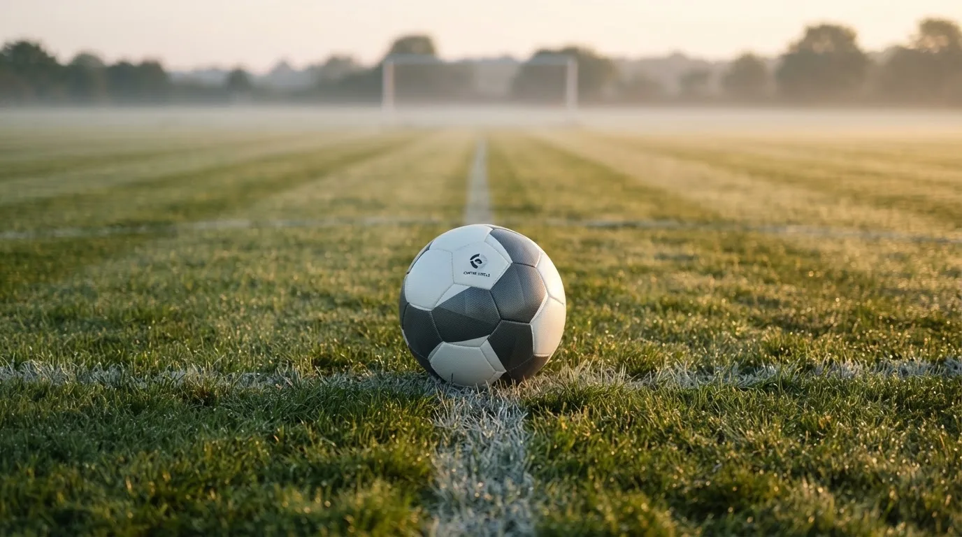 Ein Fußball ruht auf dem Mittelkreis eines leeren Rasenplatzes in der Morgendämmerung, Tau liegt auf dem Gras.